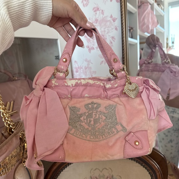 Juicy Couture Handbags - Juicy Couture Pink Velvet Crest Satchel with Heart Charm